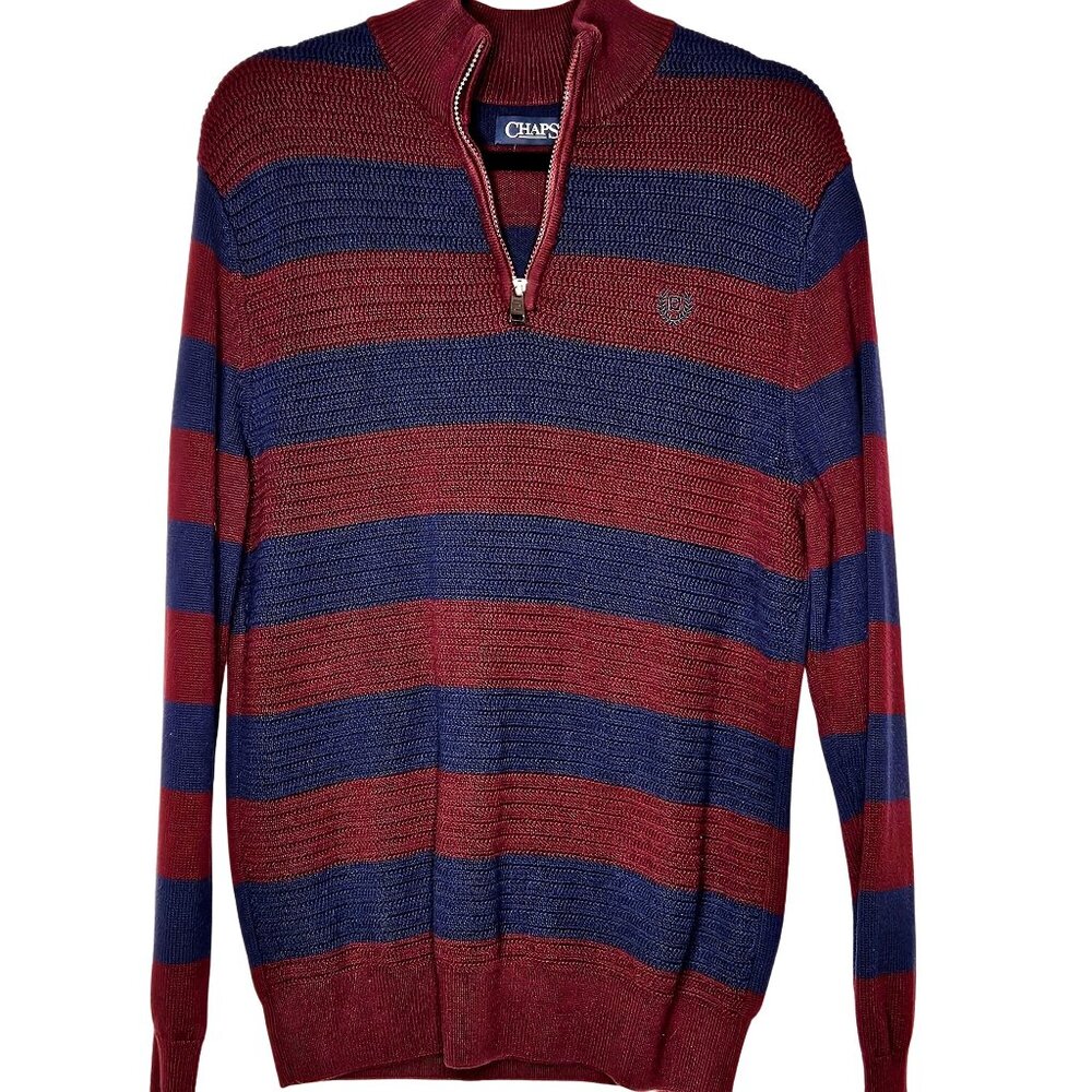 Preppy Mens Chaps zip collar crested stripped preppy colligate textured sweater